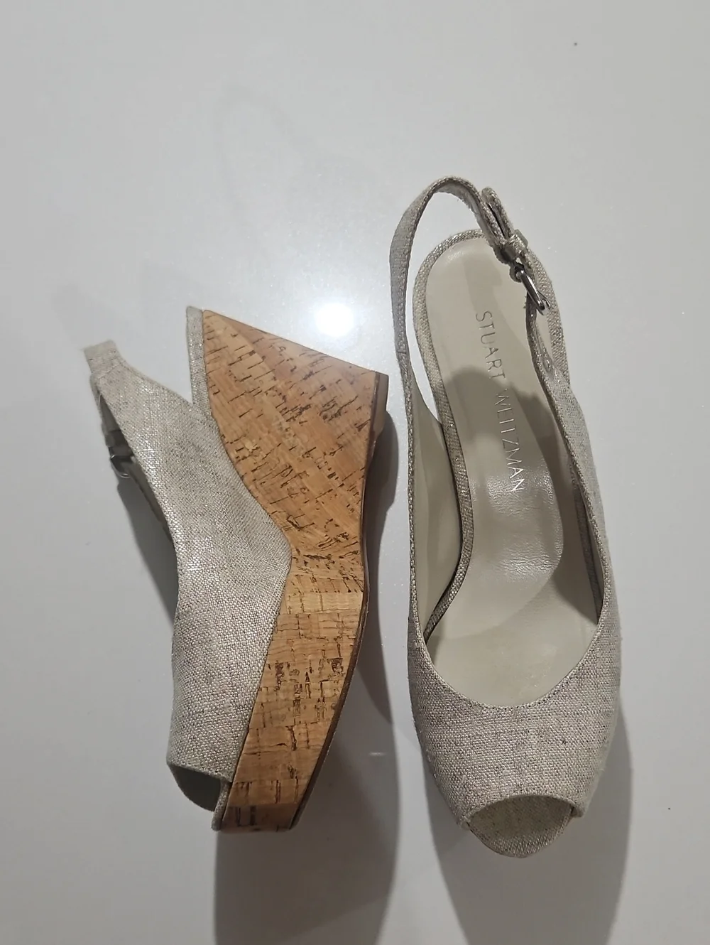 Stuart Weitzman Linen & SilverPeep-Toe Slingback Kork Wedge Sandals Sz 8
